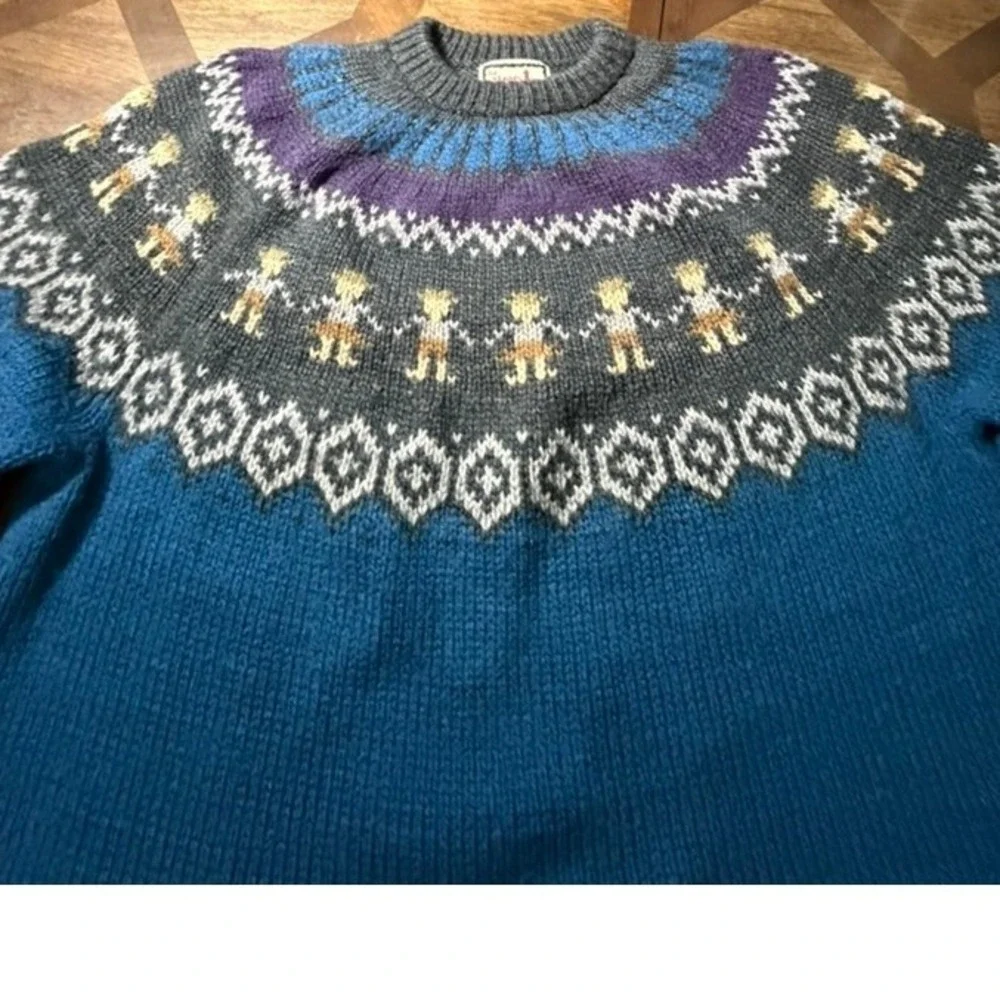 The Alpaca Connection Handmade Peru Wool Fair Isle People Sweater Blue L